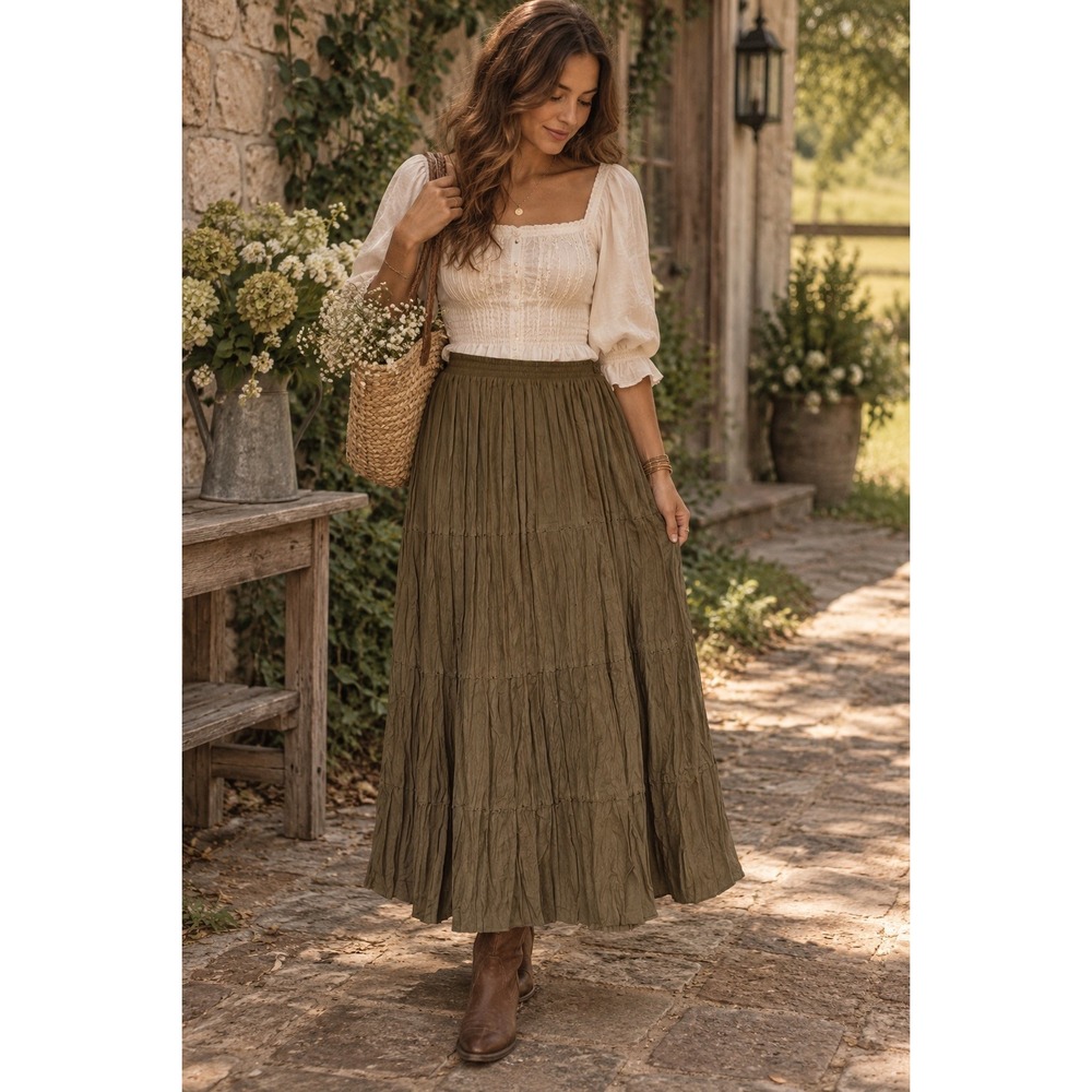 Alfred Dunner Brown Tiered Pleated Beaded Broomstick Maxi Skirt Size 12 Peasant